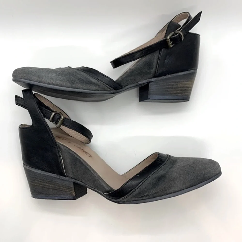 Janet & Janet Round Toe Single Strap Heel Gray Black 39EU Career Academia Office